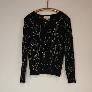Floral Embroidered Light Weight Button Up Black Cottagecore Cardigan Sz S
